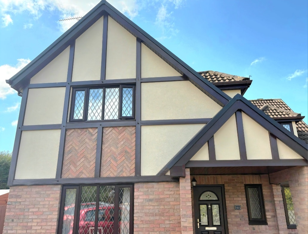 Repainted Tudor-style detached home — exterior decorating across South Wales — serving Caerphilly